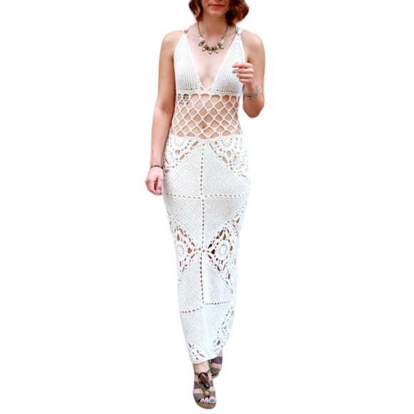 HANDCRAFTED Crochet Macrame Knit Dress Festival Midaxi Swim Cover Cream Tan S 4 - Picture 8 of 11